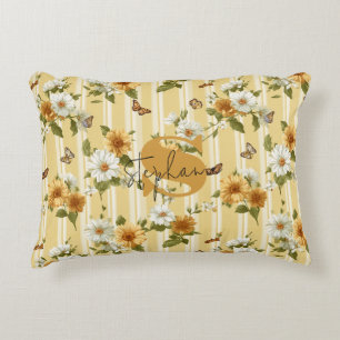 Sunflowers and Butterflies on Yellow Stripes (3) Accent Pillow