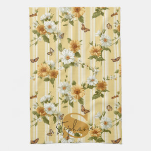 Sunflowers and Butterflies on Yellow Stripes (3) Kitchen Towel