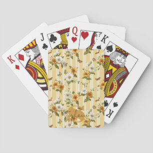 Sunflowers and Butterflies on Yellow Stripes (3) Playing Cards