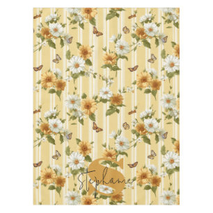 Sunflowers and Butterflies on Yellow Stripes (3) Tablecloth