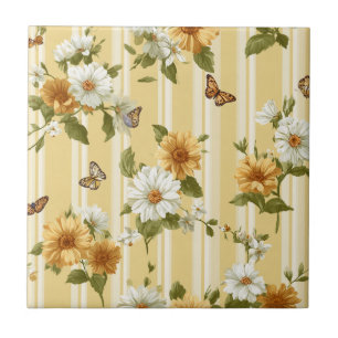 Sunflowers and Butterflies on Yellow Stripes (3) Tile
