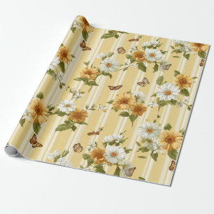 Sunflowers and Butterflies on Yellow Stripes (3) Wrapping Paper