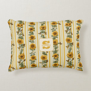 Sunflowers and Butterflies on Yellow Stripes Accent Pillow