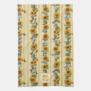 Sunflowers and Butterflies on Yellow Stripes Kitchen Towel