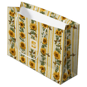 Sunflowers and Butterflies on Yellow Stripes Large Gift Bag