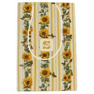 Sunflowers and Butterflies on Yellow Stripes Medium Gift Bag