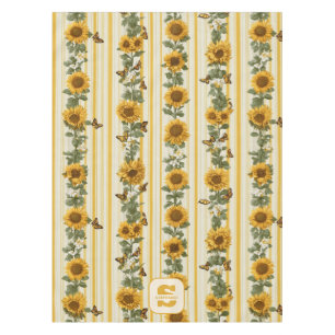 Sunflowers and Butterflies on Yellow Stripes Tablecloth