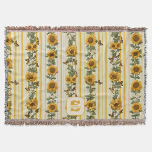 Sunflowers and Butterflies on Yellow Stripes Throw Blanket