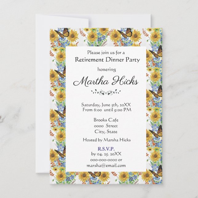 Sunflowers and  Butterflies Retirement Party  Invitation (Front)