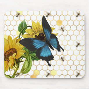 Sunflowers and Butterfly on Honeycomb Mouse Pad