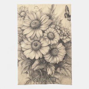 Sunflowers and Butterfly - Rustic Aged Paper Kitchen Towel