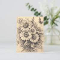 Sunflowers and Butterfly - Rustic Aged Paper