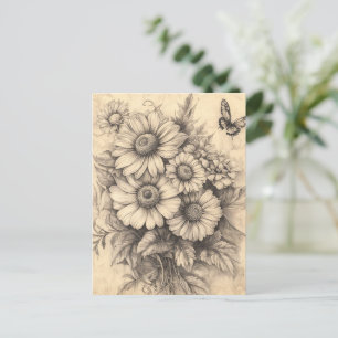 Sunflowers and Butterfly - Rustic Aged Paper Postcard