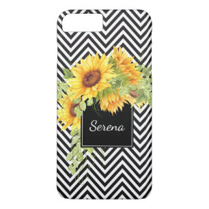 Sunflowers and Chevron Stripes Pattern with Name Case-Mate iPhone Case