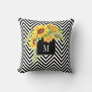 Sunflowers and Chevron Stripes with Your Monogram Throw Pillow