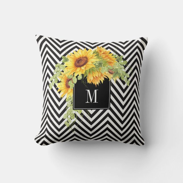 Sunflowers and Chevron Stripes with Your Monogram Throw Pillow (Front)