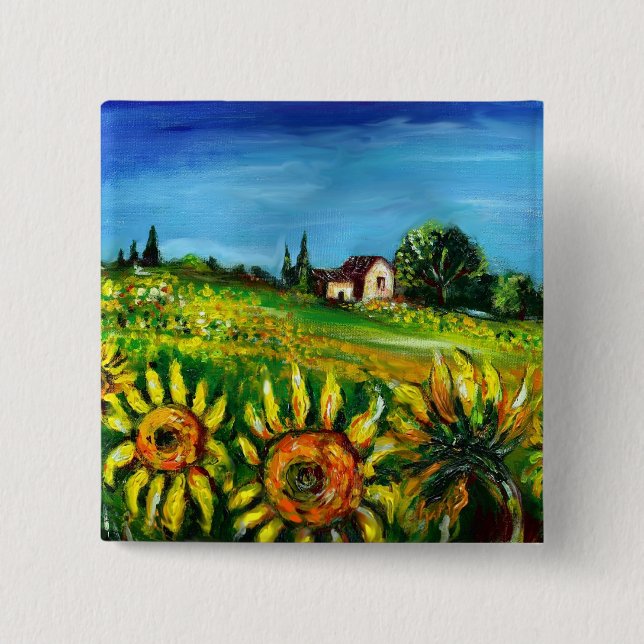 SUNFLOWERS AND COUNTRYSIDE IN TUSCANY 2 INCH SQUARE BUTTON (Front)