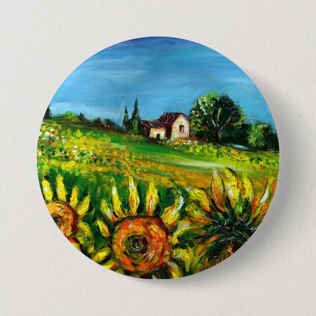 SUNFLOWERS AND COUNTRYSIDE IN TUSCANY 3 INCH ROUND BUTTON (Front)