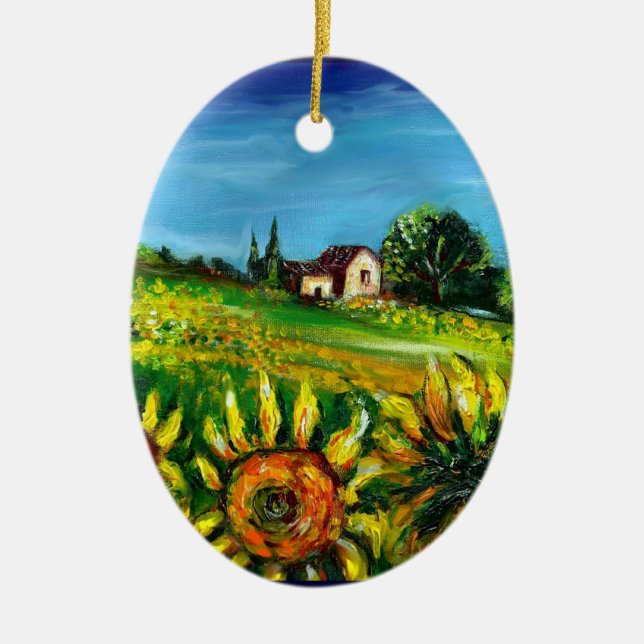 SUNFLOWERS AND COUNTRYSIDE IN TUSCANY Heart Ceramic Ornament (Front)