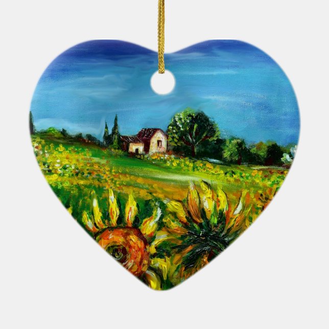 SUNFLOWERS AND COUNTRYSIDE IN TUSCANY Heart Ceramic Ornament (Back)