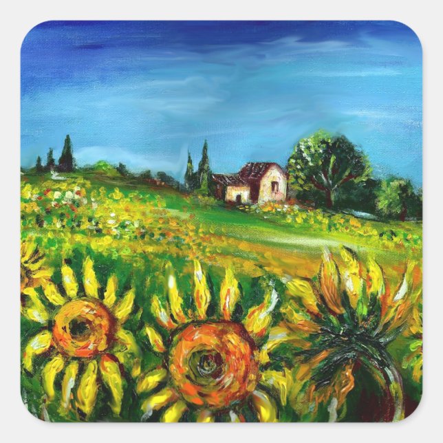 SUNFLOWERS AND COUNTRYSIDE IN TUSCANY SQUARE STICKER (Front)