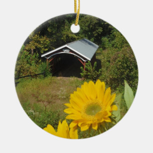 Sunflowers and Cover bridge Ceramic Ornament