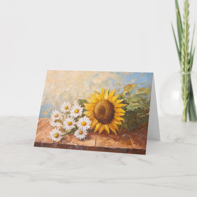 Sunflowers and Daisies on Rustic Table Card (Front)