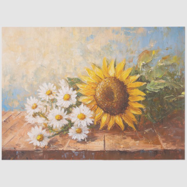Sunflowers and Daisies on Rustic Table Decoupage Tissue Paper (Front)