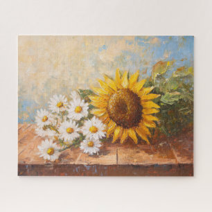 Sunflowers and Daisies on Rustic Table Jigsaw Puzzle