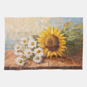Sunflowers and Daisies on Rustic Table Kitchen Towel