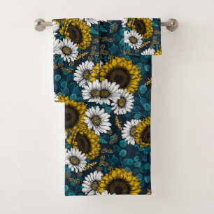 Sunflowers and daisies, summer garden 2 bath towel set