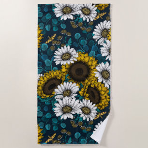 Sunflowers and daisies, summer garden 2 beach towel