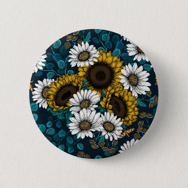 Sunflowers and daisies, summer garden 2 inch round button (Front)