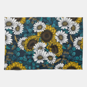 Sunflowers and daisies, summer garden 2 kitchen towel
