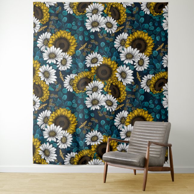 Sunflowers and daisies, summer garden 2 tapestry (In Situ)