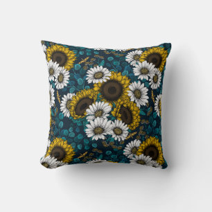 Sunflowers and daisies, summer garden 2 throw pillow