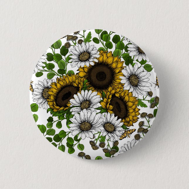 Sunflowers and daisies, summer garden 3 2 inch round button (Front)