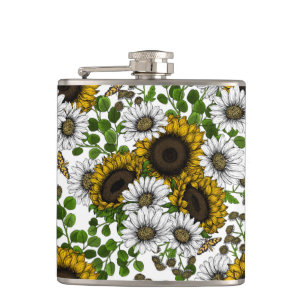 Sunflowers and daisies, summer garden 3 hip flask