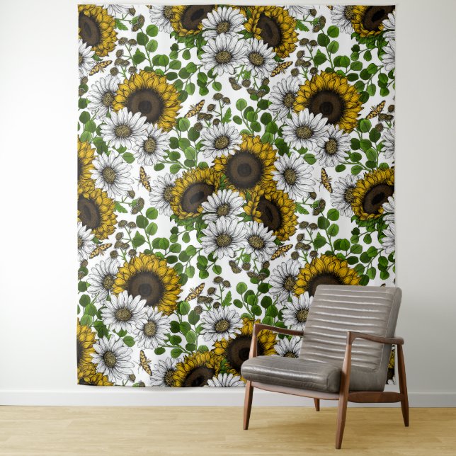 Sunflowers and daisies, summer garden 3 tapestry (In Situ)