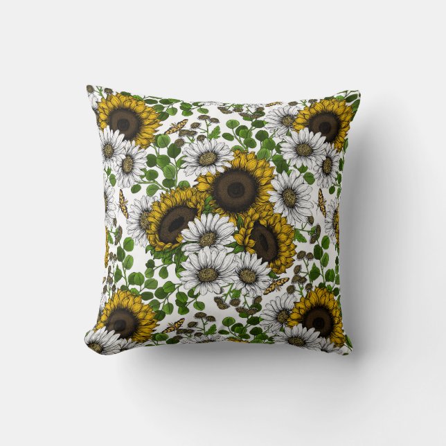 Sunflowers and daisies, summer garden 3 throw pillow (Front)