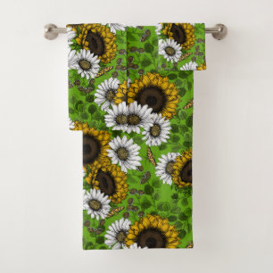 Sunflowers and daisies, summer garden bath towel set