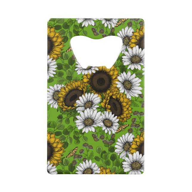 Sunflowers and daisies, summer garden credit card bottle opener (Front)
