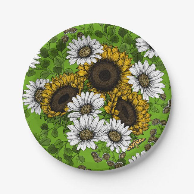 Sunflowers and daisies, summer garden paper plate (Front)