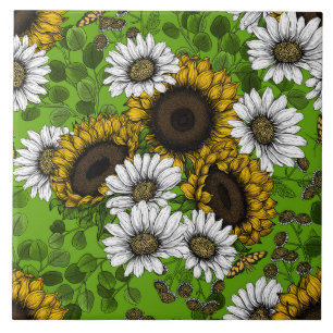 Sunflowers and daisies, summer garden tile
