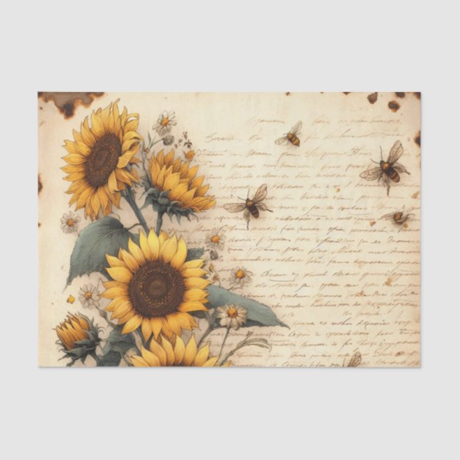Sunflowers and Daisies with Flying Bees and Script Tissue Paper (Front)