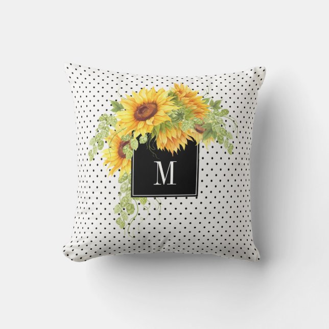 Sunflowers and Dotted Pattern with Your Monogram Throw Pillow (Front)