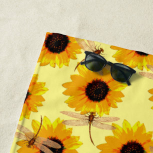Sunflowers And Dragonflies,   Beach Towel
