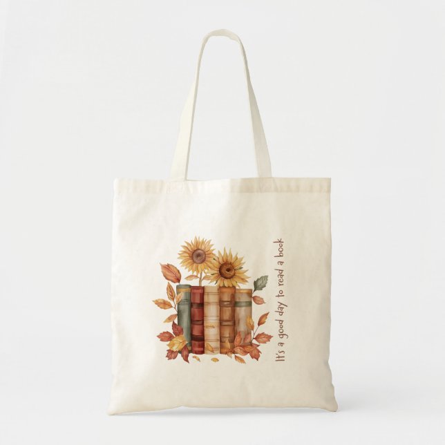 Sunflowers and Fall Leaves – Cozy Autumn Reading  Tote Bag (Front)
