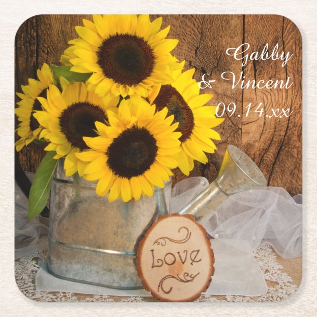 Sunflowers and Garden Watering Can Barn Wedding Square Paper Coaster (Front)
