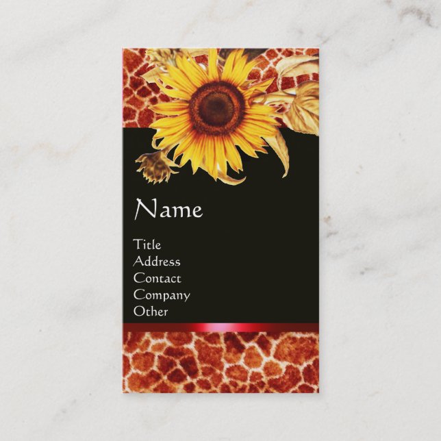SUNFLOWERS AND GIRAFFE SKIN RED GEMSTONE MONOGRAM BUSINESS CARD (Front)